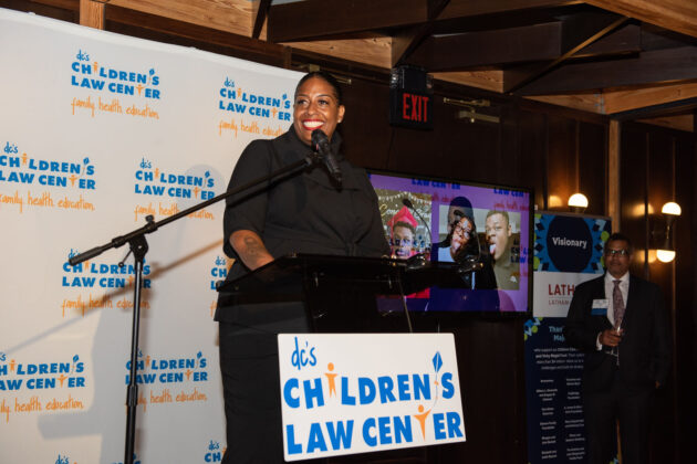 Children's Law Center Family Outreach Worker Shirelle Kouyate speaks at 2023 Helping Children Soar Benefit.