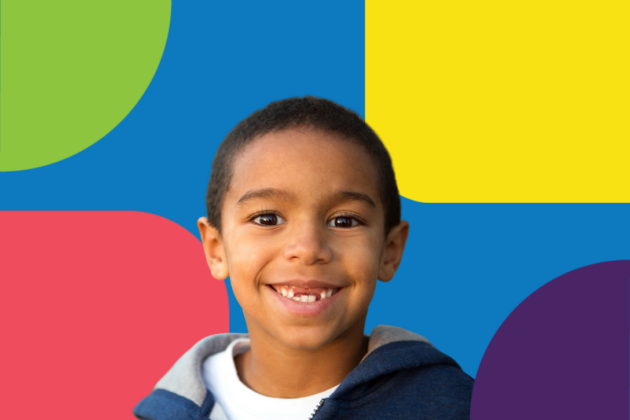 Smiling child surrounded by abstract shapes.