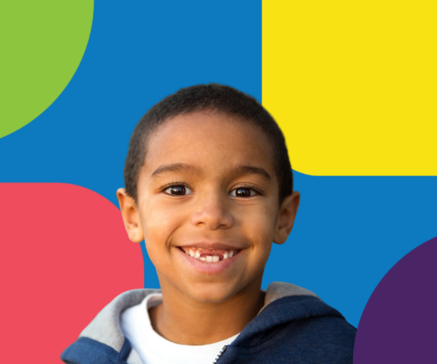 Smiling child surrounded by abstract shapes.