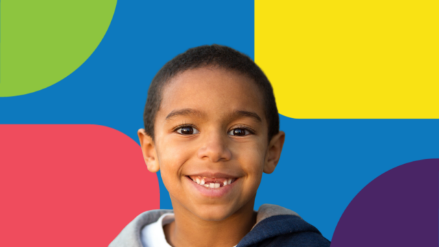 Smiling child surrounded by abstract shapes